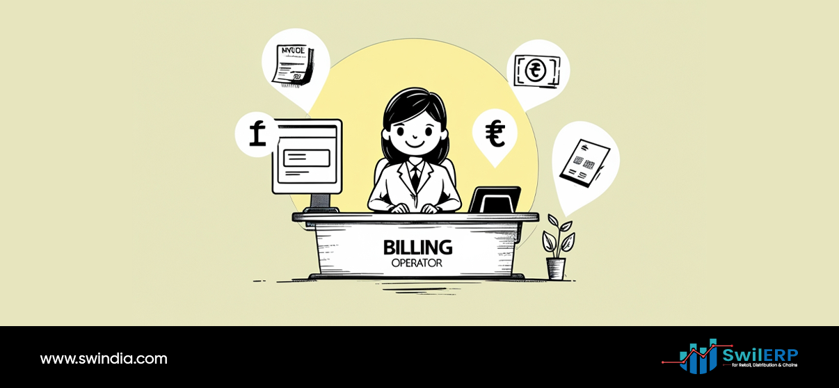 A professional billing operator sits at a desk with a computer, representing ERP user roles in business management. Around her are icons showing different business functions including invoices, euro currency symbols, documents, and digital interfaces. The desk is labeled "BILLING OPERATOR" to illustrate how ERP systems assign specific roles and responsibilities to different users based on their job functions.