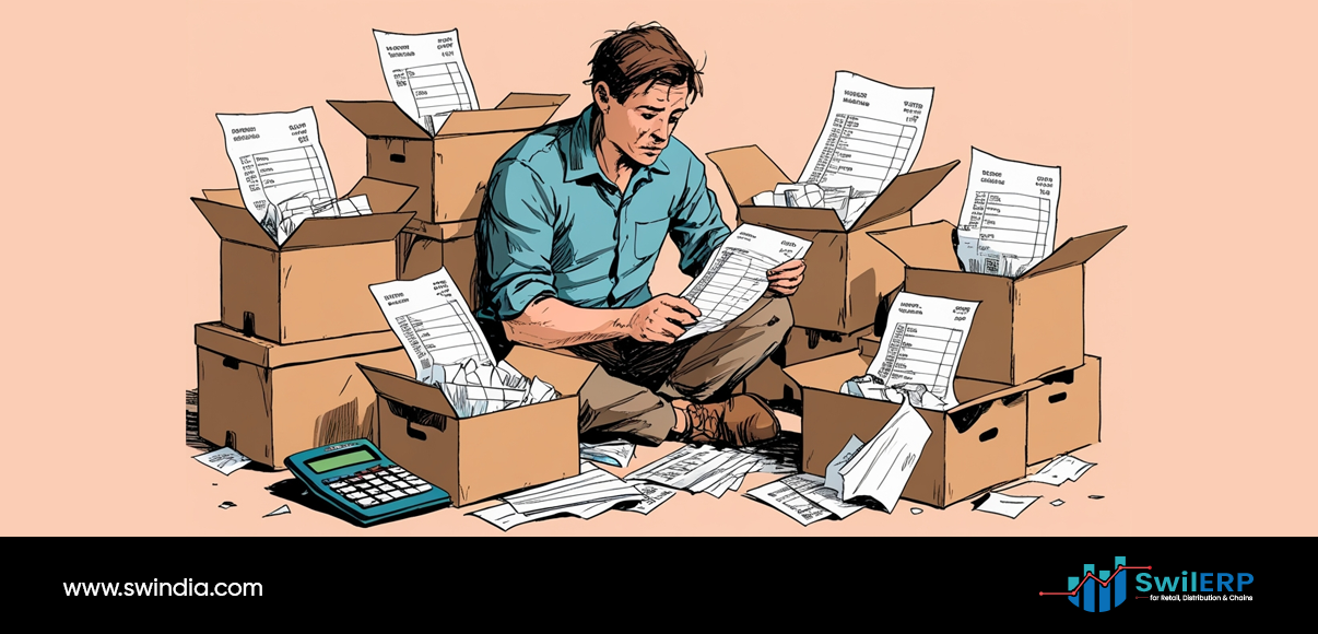 A stressed business owner sits cross-legged on the floor surrounded by numerous cardboard boxes filled with invoices and paperwork, holding documents while trying to manage inventory manually. A calculator sits nearby among scattered papers on the ground, illustrating the overwhelming task of managing medical store operations without proper systems. This scene represents the challenges faced by medical store owners before implementing a Medical Store ERP solution, as indicated by the SwiERP branding at the bottom for retail distribution and chains.