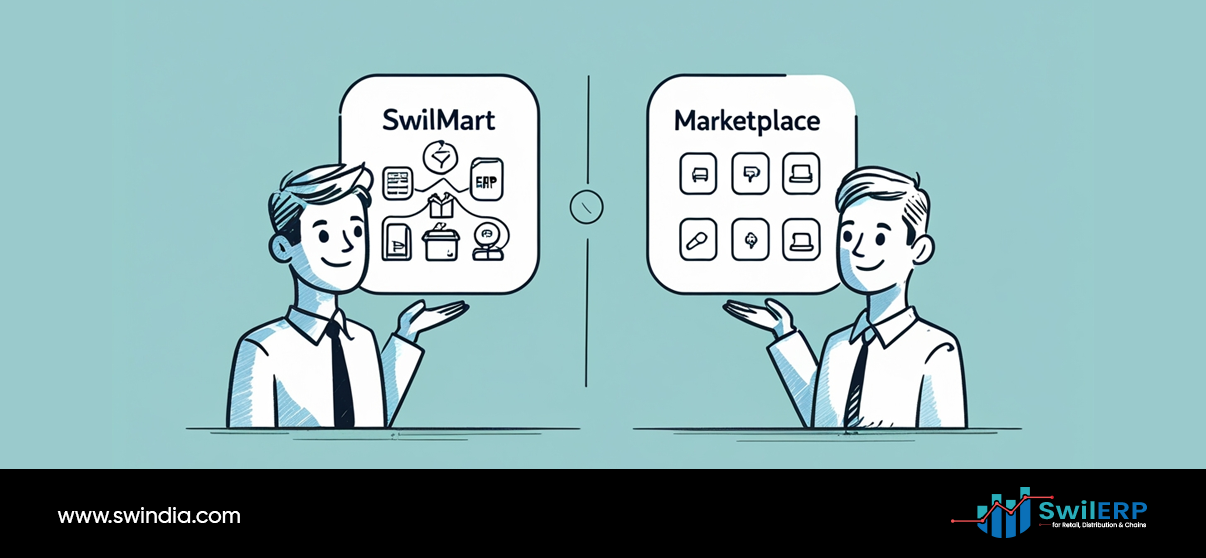 Two business professionals presenting SwilMart features versus traditional marketplaces with icons showing different platform capabilities, illustrating SwilMart vs marketplaces comparison and benefits