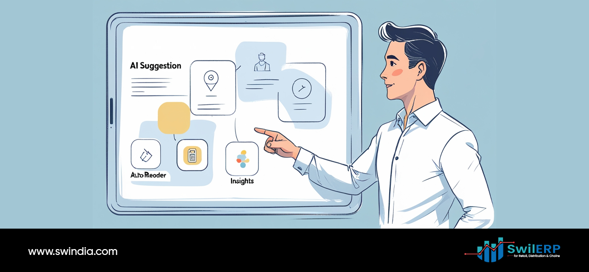 Illustration of a person pointing to various charts and data visualizations on a large screen, representing business data analysis and insights.