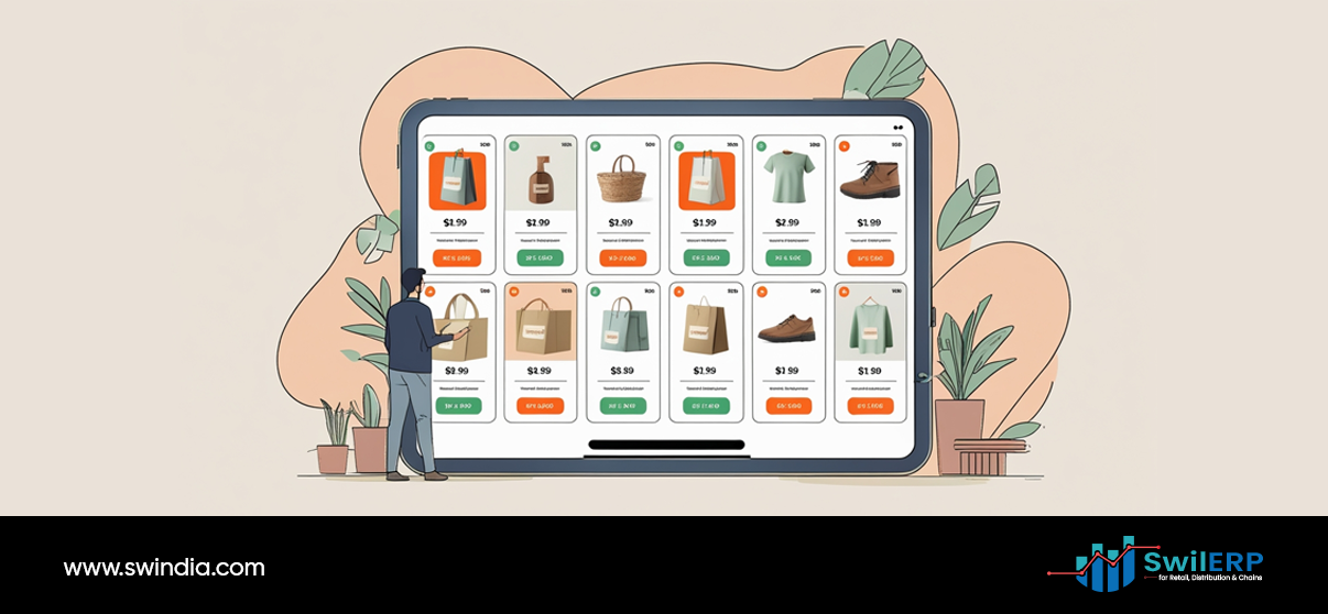 SwilMart syncs with SwilERP - tablet displaying online retail product grid with various items, prices, and add to cart buttons for integrated e-commerce management