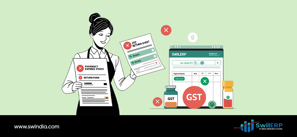 Pharmacist with expired stock return forms and ITC return sheet while using ERP for tax compliance dashboard for inventory and GST management
