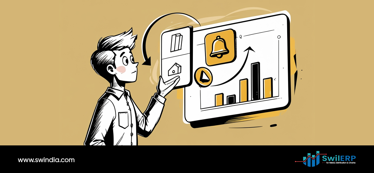 Business professional interacting with tablet showing notification alerts, charts, and analytics dashboard for ERP reports for retail time-saving automation