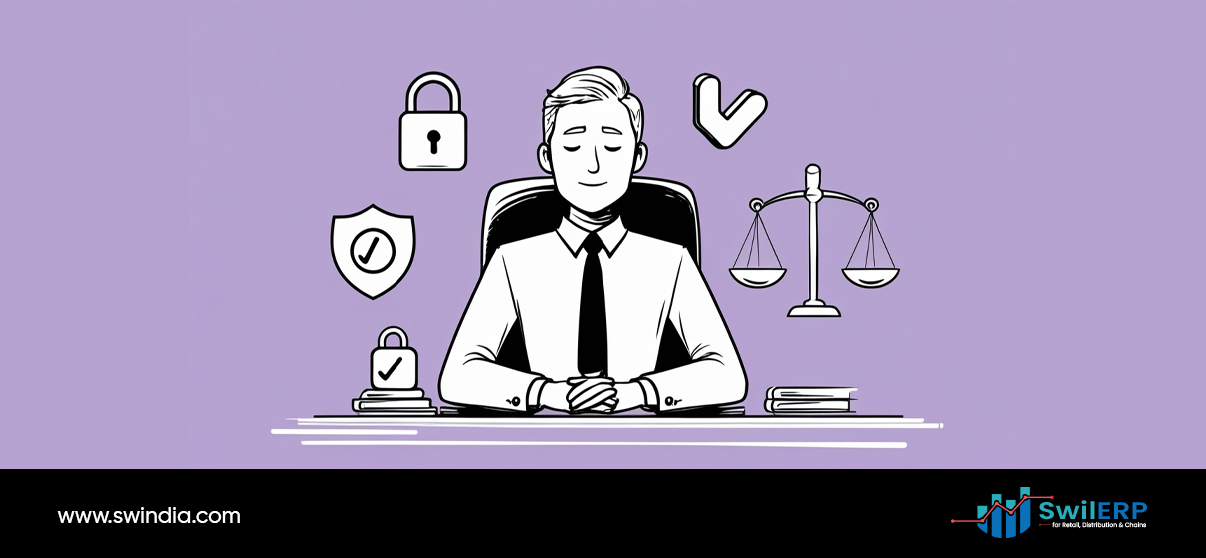 A professional businessman in a white shirt and black tie sits confidently at a desk with various compliance and legal symbols around him, including security locks, shields, scales of justice, and a checkmark, representing reliable GST filing services and regulatory compliance.