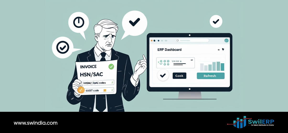 Business professional holding invoice with HSN/SAC codes while using ERP for tax compliance dashboard showing GST code management and tax validation features