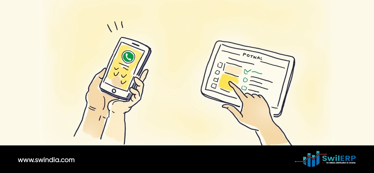 SwilMart mobile app syncing with SwilERP system through WhatsApp integration and portal management, showing hands using smartphone and tablet for business operations.