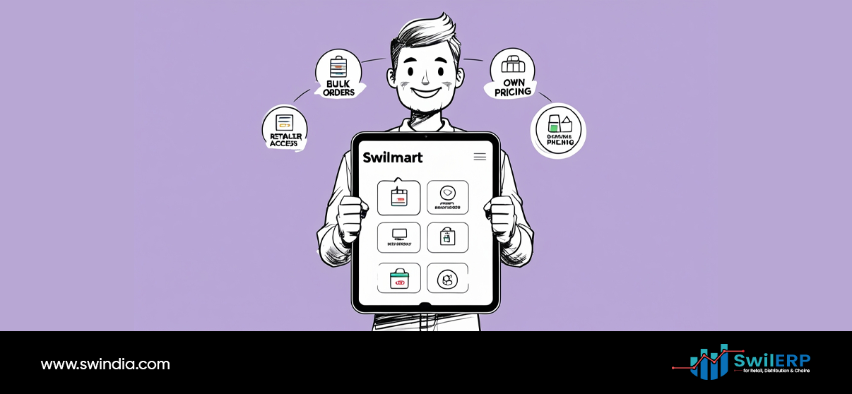 Smiling businessman displaying SwilMart tablet interface with features like bulk orders, own pricing, retailer access, and brand control, highlighting SwilMart vs marketplaces business advantages