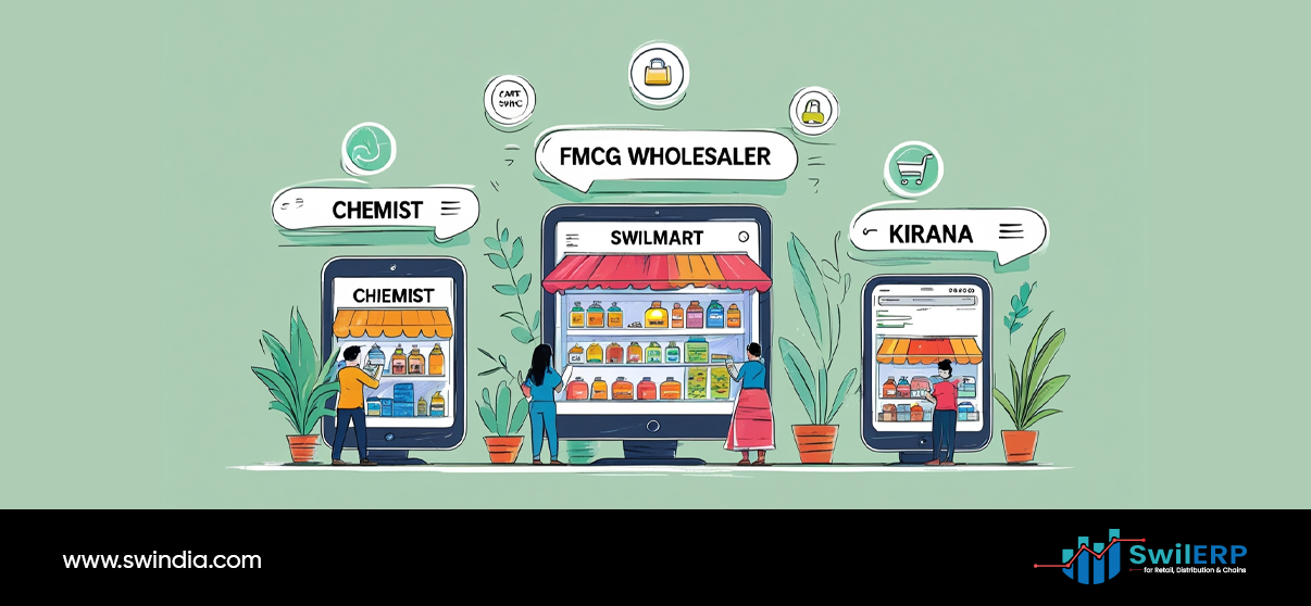 Alt text: SwilMart syncs with SwilERP to connect multiple business types including chemist, FMCG wholesaler, and kirana stores through integrated digital storefronts and inventory management systems.
