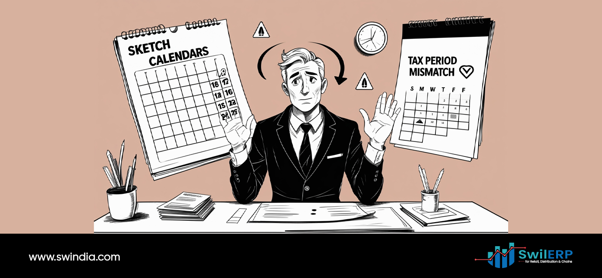 Confused businessman at desk with calendars showing tax period mismatch warning, highlighting scheduling challenges in ERP for tax compliance systems