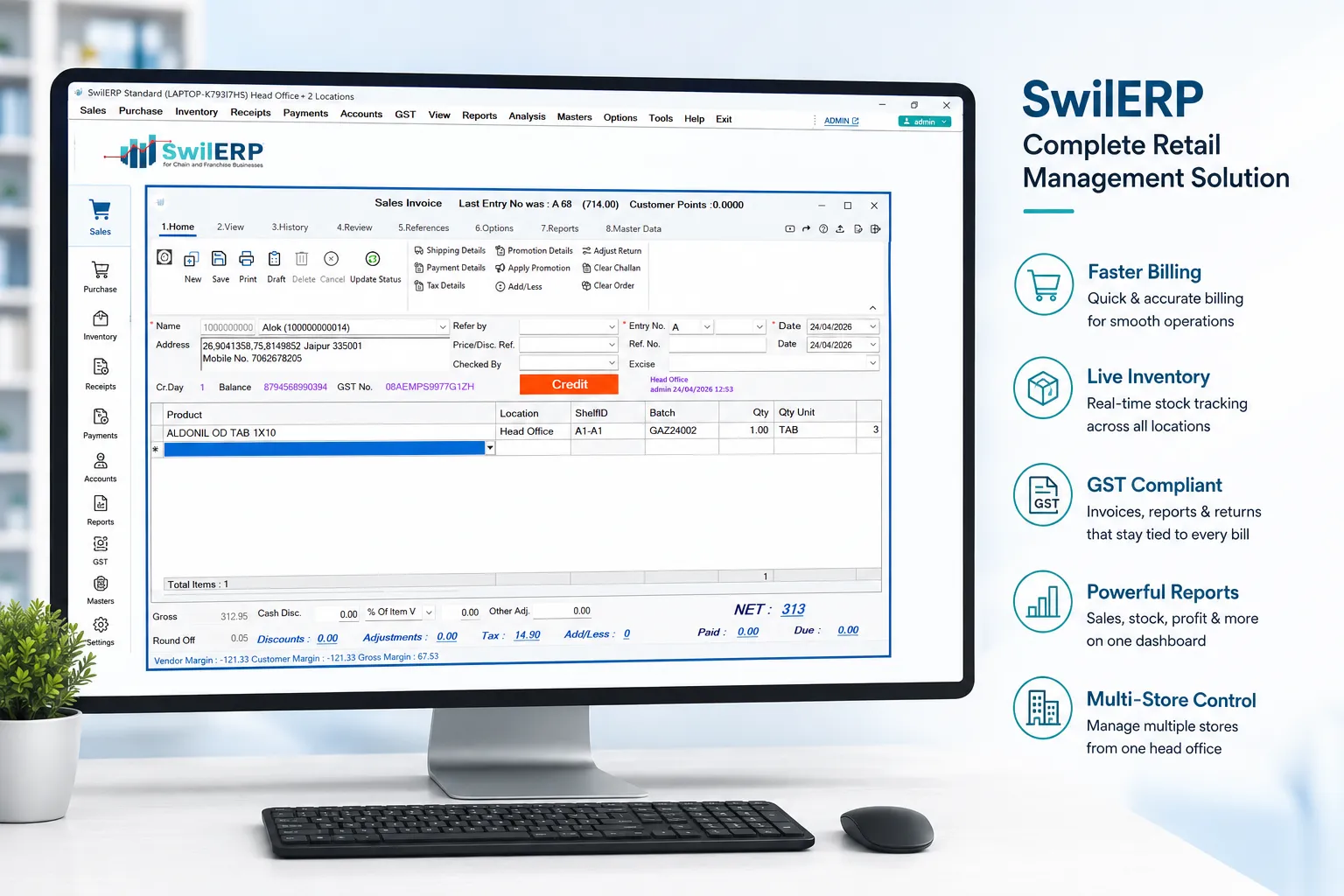 Distribution management software for pharma, FMCG & wholesale — SwilERP complete retail management solution — desktop workspace with sales invoicing, live inventory, GST compliance, reporting, and multi-store control.